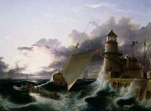 Barco junto a un faro, una tormenta alejándose