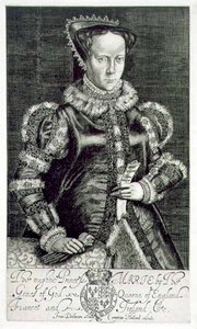 Retrato de María I sosteniendo la súplica de Thomas Hongar, grabado por el artista, publicado por Compton Holland