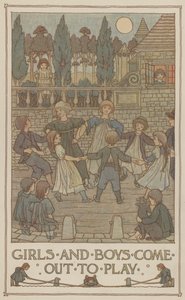 Niños y niñas salen a jugar (litografía en color) de Francis Donkin Bedford