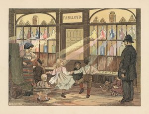 Niños victorianos bailando delante de una farmacia mientras un policía los observa. Cromolitografía a partir de una ilustración de Francis Donkin Bedford de The Book of Shops de Edward Verrall Lucas. de Francis Donkin Bedford