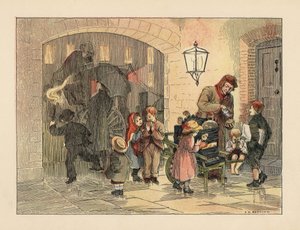 Niños victorianos comiendo patatas calientes del hombre de las patatas calientes. En el fondo, personas con paraguas suben a un carruaje bajo la lluvia. Cromolitografía a partir de una ilustración de Francis Donkin Bedford de The Book of Shops de Edward Ve de Francis Donkin Bedford