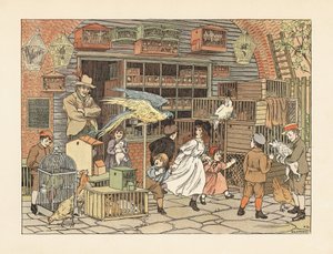 Niños victorianos jugando con loros y cacatúas en la pajarería o tienda de animales. Cromolitografía según una ilustración de Francis Donkin Bedford de The Book of Shops de Edward Verrall Lucas.