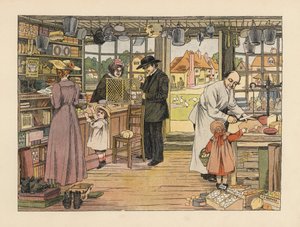 Clientes victorianos comprando jamón, libros y giros postales en la tienda del pueblo. Cromolitografía a partir de una ilustración de Francis Donkin Bedford de The Book of Shops de Edward Verrall Lucas.