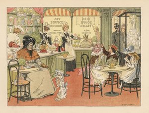 Clientes victorianos en una tetería y confitería. Cromolitografía según una ilustración de Francis Donkin Bedford de The Book of Shops de Edward Verrall Lucas. de Francis Donkin Bedford