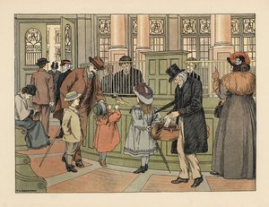 Familia victoriana en un banco retirando dinero de un cajero con fichas bancarias. Cromolitografía según una ilustración de Francis Donkin Bedford de The Book of Shops de Edward Verrall Lucas. de Francis Donkin Bedford
