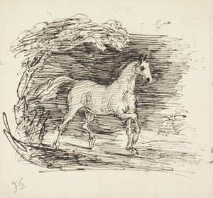 Un caballo gris trotando fuera de un bosque de Francis Grant