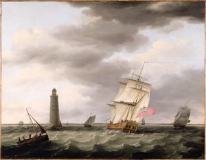 Un barco de guerra pasando el Faro de Eddystone, c.1773