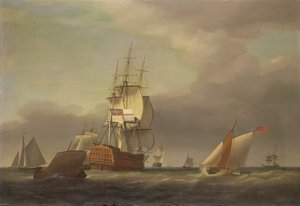 Un paisaje marino con barcos de guerra y pequeñas embarcaciones de Francis Holman