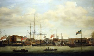 Un pequeño astillero en el Támesis (Inglaterra), con dos barcos en construcción. Óleo sobre lienzo de Francis Holman