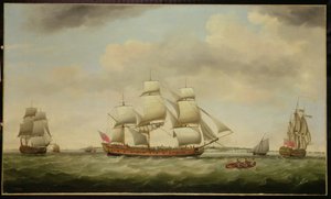 El "General Coote" de las Indias Orientales en tres posiciones frente a la costa de Francis Holman