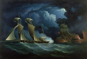 Un bergantín de aduanas enfrentándose al pirata Lugger Will Watch de Francis Hustwick