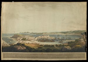 Vista sur de Corunna desde las alturas cerca del Convento de Santa Margarita, grabado por H. Merke, publicado en 1809 de Francis Lee
