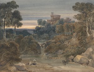Paisaje con castillo, cascada y arroyo en primer plano