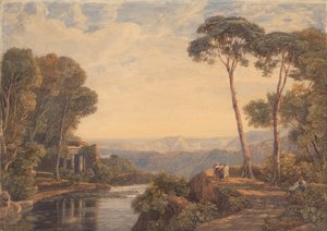 Paisaje con un templo y figuras junto a un río de Francis Oliver Finch