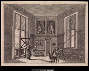 Tres figuras utilizando equipos astronómicos en la Gran Sala de las Estrellas o Sala Octogonal, como se conoce hoy en día, en el Real Observatorio., c.1676 (grabado) de Francis Place