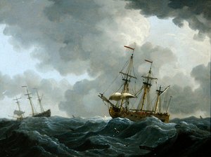 Una marina: dos fragatas en una tormenta de Francis Swaine