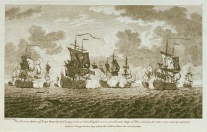 Doce estampas de combates navales. La Gloriosa Acción frente al Cabo Francois el 21 de Octubre de 1757, entre los ingleses y siete barcos de guerra franceses, en la que estos últimos fueron completamente derrotados. (grabado) de Francis Swaine