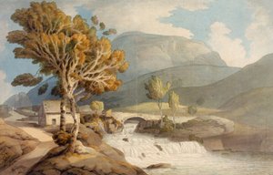 Puente y cascada cerca de Llyngwellyn de Francis Towne