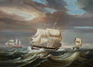 Fragatas de muro negro en una brisa fuerte (petróleo) de Francis Tudgay