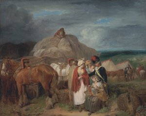 Soldado con campesinas vendiendo cintas, cerca de un campamento militar de Francis Wheatley