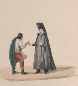Un canónigo entregando un crucifijo a un hombre, de un grupo de dibujos que representan el traje peruano, 1848 de Francisco