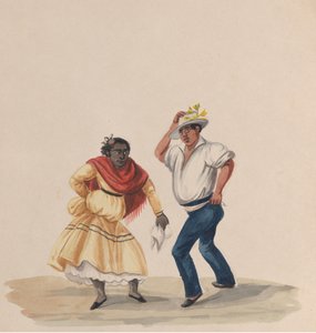 Un hombre y una mujer bailando, de un grupo de dibujos que representan el traje peruano, 1848