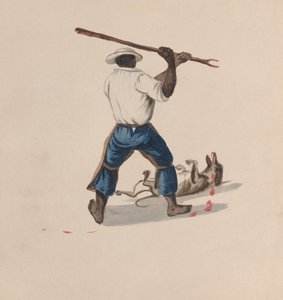 Un hombre visto desde atrás golpeando a un perro con un palo, de un grupo de dibujos que representan...