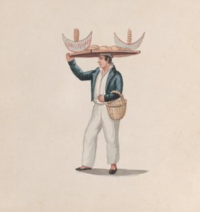 Un vendedor de tortillas equilibrando una bandeja en su cabeza, de un grupo de dibujos que representan a peruanos..., ca. de Francisco