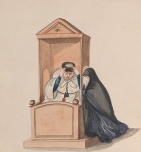Una mujer confesándose con un sacerdote, de un grupo de dibujos que representan el traje peruano, ca. 1848