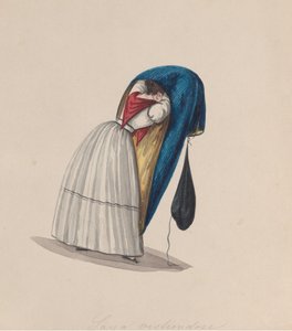 Una mujer entrando en su saya vista desde atrás, de un grupo de dibujos que representan..., ca. 1848