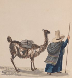 Una mujer caminando con una llama, de un grupo de dibujos que representan el traje peruano, ca. 1848 de Francisco