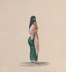 Una mujer con saya de perfil, de un grupo de dibujos que representan a peruanos de Francisco