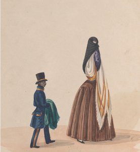 Una mujer elegantemente vestida y su paje, de un grupo de dibujos que representan a peruanos de Francisco