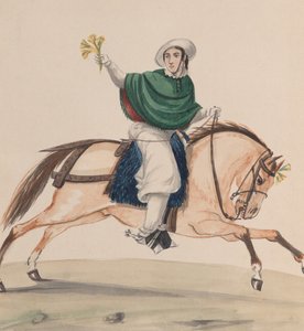 Una mujer elegantemente vestida a caballo, de un grupo de dibujos que representan a peruanos..., ca. 1848