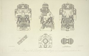 Ídolo azteca de pórfido basáltico, encontrado bajo la Gran Plaza de la Ciudad de México, grabado por Cloquet, ilustración de 
