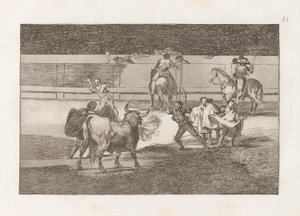 Banderillas de Fuego (Banderillas with Firecrackers), Plate 31 from La tauromaquia de Francisco de Goya