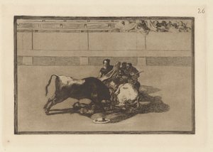 Caida de un picador de su caballo debajo del toro (A Picador is Unhorsed and Falls Under the Bull), Plate 26 from La tauromaquia de Francisco de Goya