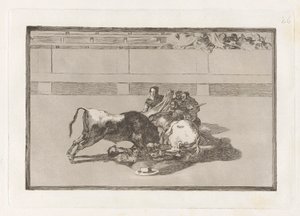 Caida de un picador de su caballo debajo del toro (A Picador is Unhorsed and Falls Under the Bull), Plate 26 from La tauromaquia de Francisco de Goya