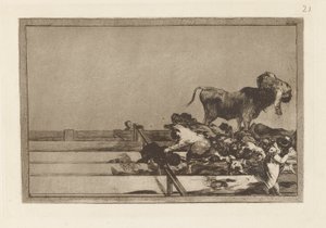 Desgracias acaecidas en el tendido de la plaza de Madrid, y muerte del alcalde de Torrej?n (Dreadful Events in the Front Rows of the Ring at Madrid and Death of the Mayor of Torrej?n), Plate 21 from La tauromaquia de Francisco de Goya