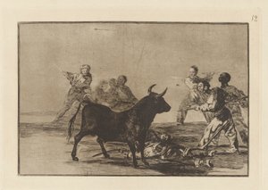 Desjarrete de la canalla con lanzas, medias-lunas, banderillas y otras armas (The Rabble Hamstring the Bull with Lances, Sickles, Banderillas and Other Arms), Plate 12 from La tauromaquia de Francisco de Goya