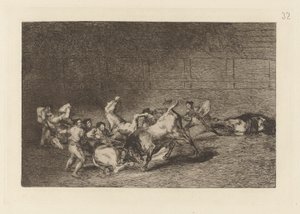 Dos grupos de picadores arrolados de seguida por un solo toro (Two Teams of Picadors Thrown One After the Other by a Single Bull), Plate 32 from La tauromaquia de Francisco de Goya