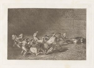 Dos grupos de picadores arrolados de seguida por un solo toro (Two Teams of Picadors Thrown One After the Other by a Single Bull), Plate 32 from La tauromaquia de Francisco de Goya