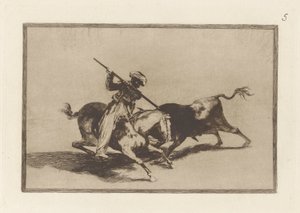 El animoso Moro Gazul es el primero que lance? toros en regla. (The Spirited Moor Gazul is the First to Spear Bulls According to the Rules), Plate 5 from La tauromaquia de Francisco de Goya