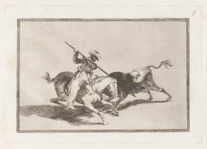 El animoso moro Gazul es el primero que lance? toros en regla (The Spirited Moor Gazul Is the First to Spear Bulls According to the Rules), Plate 5 from La tauromaquia de Francisco de Goya