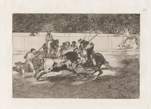 El esforzado Rendon picando un toro, de cuya suerte muri? en la plaza de Madrid (The Forceful Rendon Stabs a Bull with the Pique, from which Pass He Died in the Ring of Madrid), Plate 28 from La tauromaquia de Francisco de Goya