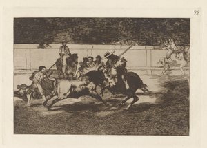 El esforzado Rendon picando un toro, de cuya suerte muri? en la plaza de Madrid (The Forceful Rendon Stabs a Bull with the Pique, from which Pass He Died in the Ring of Madrid), Plate 28 from La tauromaquia de Francisco de Goya