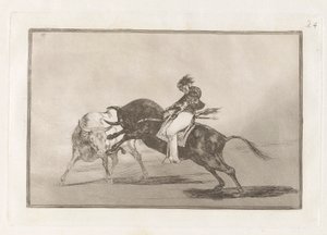 El mismo Ceballos montado sobre otro toro quiebra rejones en la plaza de Madrid (The Same Ceballos Mounted on Another Bull Breaks Short Spears in the Ring at Madrid), Plate 24 from La tauromaquia de Francisco de Goya
