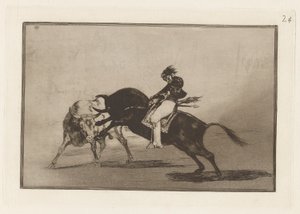 El mismo Ceballos montado sobre otro toro quiebra rejones en la plaza de Madrid (The Same Ceballos Mounted on Another Bull Breaks Short Spears in the Ring at Madrid), Plate 24 from La tauromaquia de Francisco de Goya