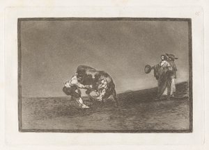 El mismo vuelca un toro en la plaza de Madrid (The Same Man Throws a Bull in the Ring at Madrid), Plate 16 from La tauromaquia de Francisco de Goya