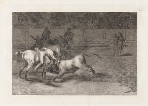 Mariano Ceballos, alias el Indio, mata el toro desde su caballo (Mariano Ceballos, Alias the Indian, Kills the Bull from his Horse), Plate 23 from La tauromaquia de Francisco de Goya